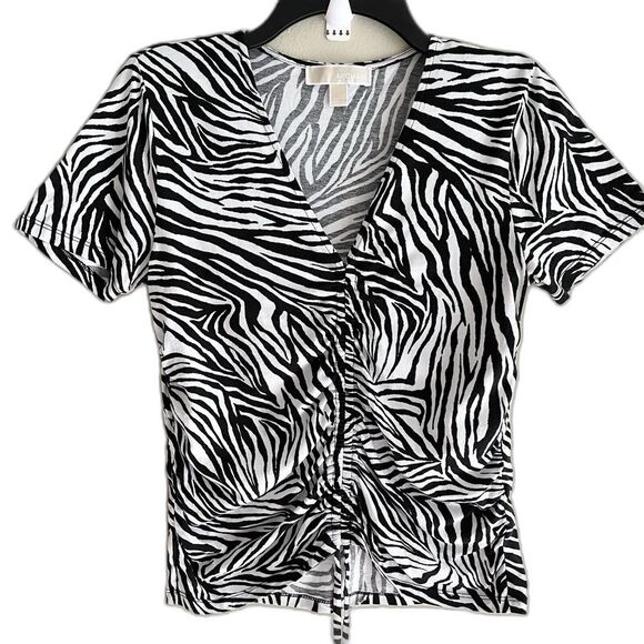 Michael Kors Y2K Top Size S Short Sleeve V Neck Zebra Print String Black White - Picture 1 of 13